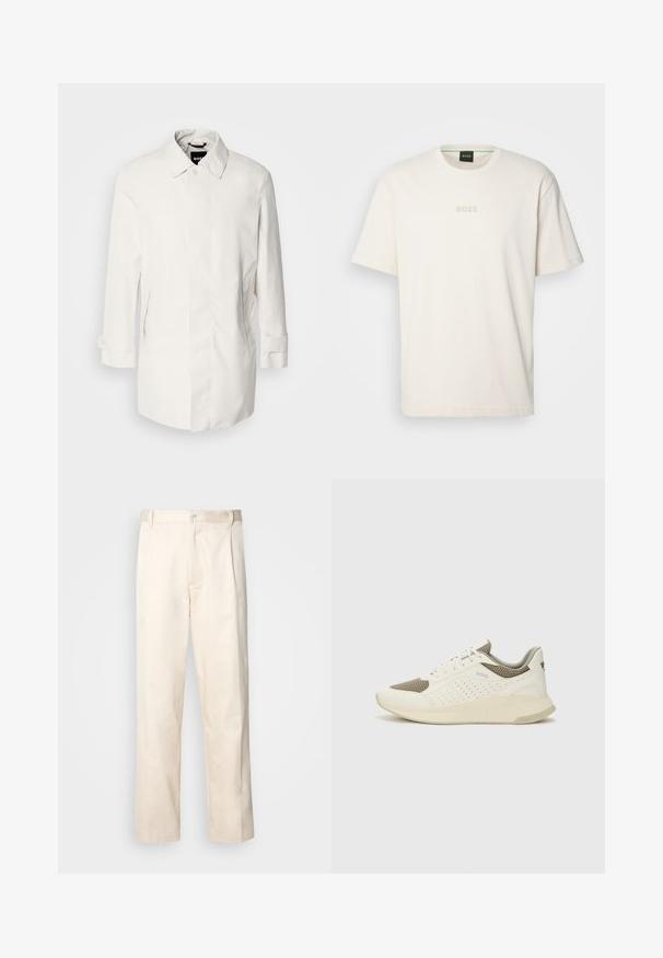 Λευκό, μισό μακρύ παλτό με κλείσιμο από κουμπί, γιακά σε αιχμηρή μορφή και δύο πλαϊνές τσέπες. Φτιαγμένο από απαλό, ελαφρύ υλικό με αναδιπλωμένα μανίκια.; BOSS TEE - Βασικό μπλουζάκι - open white; Μπεζ βαμβακερό παντελόνι με ίσια γραμμή, διαθέτει κουμπί κλεισίματος και πτυχές στο μπροστινό μέρος για επιπλέον λεπτομέρεια.; Λευκό και ανοιχτό μπεζ αθλητικό παπούτσι, με επάνω μέρος από διχτυωτό υλικό, διακοσμήσεις με περφορέ και υφή στην ενδιάμεση σόλα με επωνυμία στη φτέρνα.