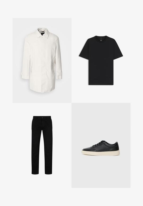 Witte, middellange jas met een knoopsluiting, puntkraag en twee zijzakken. Gemaakt van soepele, lichtgewicht stof met opgerolde manchetten.; Zwarte korte mouwen T-shirt van een gladde katoenmix, met een ronde halslijn en een minimalistisch ontwerp zonder patronen of accenten.; Zwarte katoenen broek met een rechte pasvorm, voorzien van een knoopsluiting, riemlussen en een minimalistisch ontwerp. Glad van structuur, zonder patronen.; Zwarte leren sneaker met lage schacht, zwarte veters en off-white zool, weergegeven in zijprofiel op een witte achtergrond.