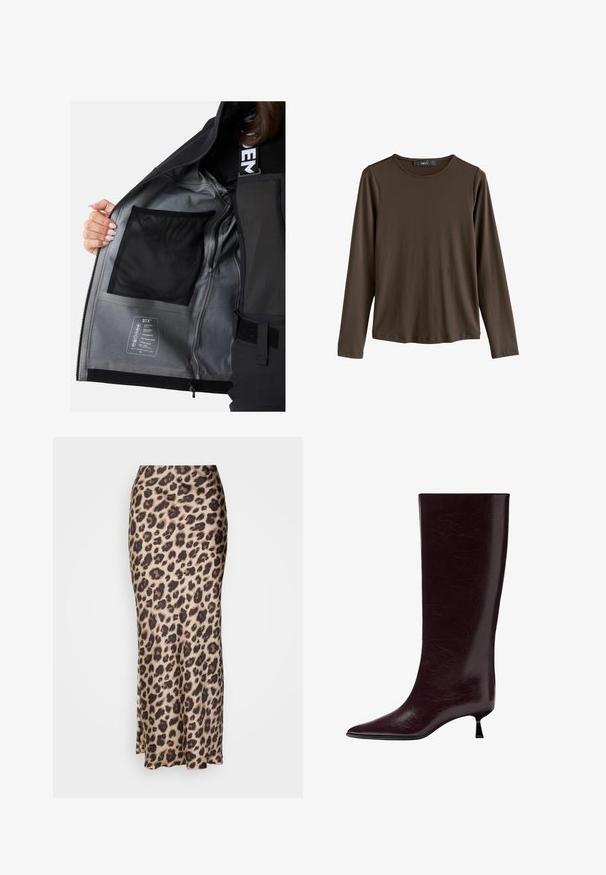 Interno di giacca impermeabile nera con fodera argentata, tasca in rete e etichetta di cura che dettaglia le caratteristiche e le proprietà del tessuto.; Camicia marrone a maniche lunghe realizzata in un tessuto morbido. Presenta un collo rotondo e un orlo dritto, senza motivi o dettagli visibili.; Gonna midi a stampa leopardo in morbido tessuto satinato. Presenta una silhouette aderente con una leggera apertura all'orlo per il movimento. Colori beige e marrone neutri.; Stivale in pelle bordeaux al ginocchio con una finitura liscia e texturizzata, punta affusolata e un tacco sottile e impilato per un'elevazione aggiuntiva.