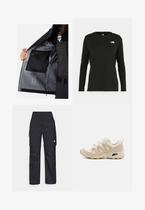 Innenansicht einer schwarzen wasserdichten Jacke mit silbernem Futter, Netzfach und Pflegeetikett, das die Stoffeigenschaften und Merkmale beschreibt.; Schwarzes Langarm-T-Shirt aus Baumwolle mit Rundhalsausschnitt. Verfügt über ein kleines weißes Logo auf der linken Brustseite. Einfaches Design und Passform.; Schwarze Nylon-Zip-Off-Cargohosen mit verstellbaren Bündchen, mehreren Taschen und einem Logo am rechten Bein. Glatte, leichte Textur.; Beige und cremefarbenen Sportschuh mit strukturiertem Mesh-Obermaterial, unterstützenden Überzügen und Gummisohle mit einem Profilmuster für Bodenhaftung.