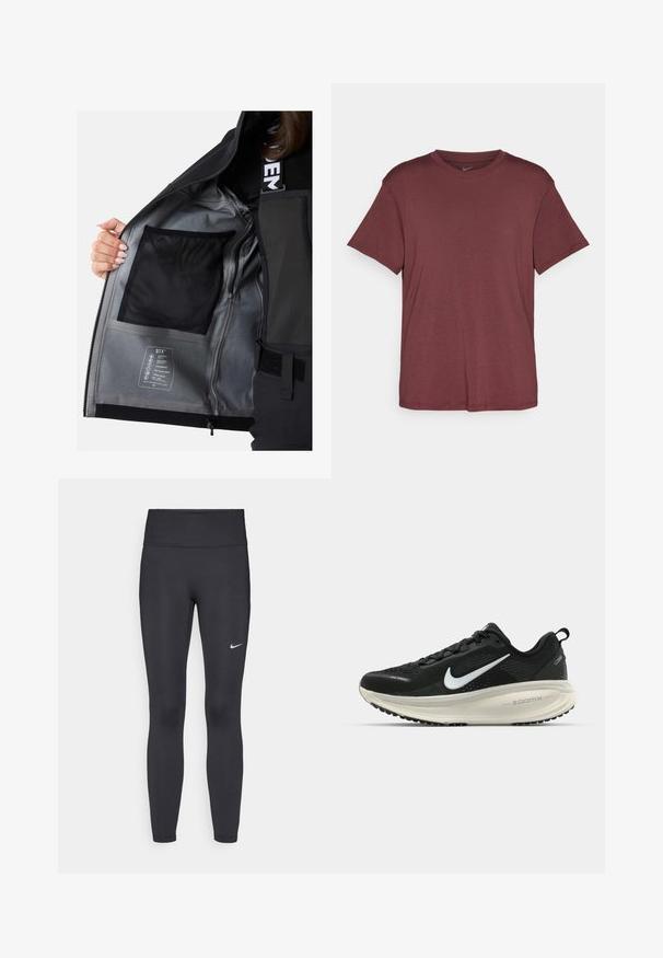 Musta vedenpitävä takki, jossa hopeinen vuori, verkkotasku ja hoito-ohjetarra, joka kuvaa kankaan ominaisuuksia ja yksityiskohtia.; Maran lyhythihainen t-paita, joka on valmistettu kevyestä kankaasta. Siinä on pyöreä pääntie ja yksinkertainen, sileä rakenne ilman kuvioita tai lisäyksiä.; Mustat leggingsit joustavasta kankaasta, joissa on korkea vyötärö ja valkoinen Nike-logo vasemmassa reidessä. Sileä pinta, muotoaan myötäilevä suunnittelu.; Mustat Nike-juoksukengät, joissa on hengittävä verkko-osa, valkoinen swoosh-logo, teksturoitu yksityiskohtaus ja kermaisen värinen ZoomX-välipohja.