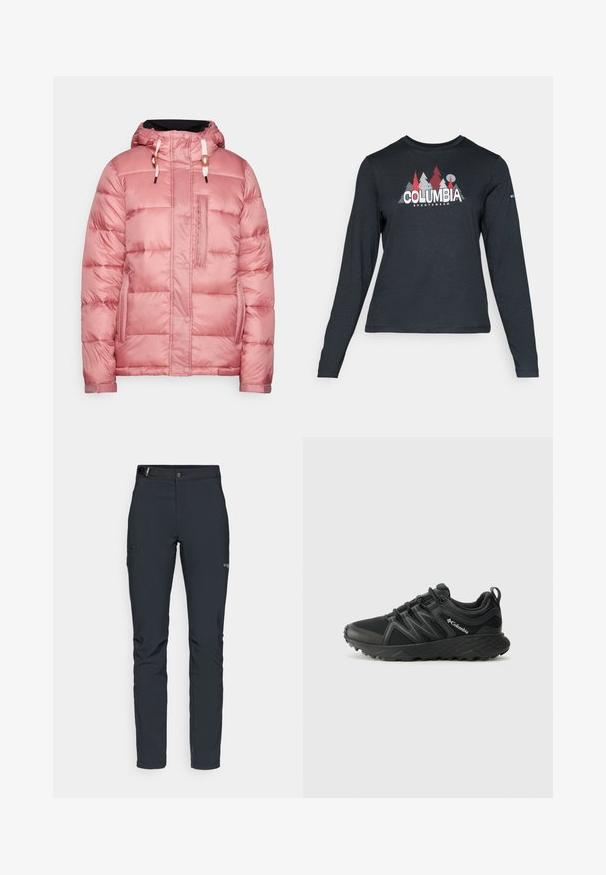 Padded jacket in light pink with a hood, snap and zipper closures, chest pocket, and drawstrings, featuring a smooth, shiny texture.; Long-sleeve dark gray shirt with a graphic of red trees and mountains; "COLUMBIA" logo in bold white text. Soft fabric, standard crew neck.; Men's outdoor pants, dark gray, made from flexible material, featuring a belt, zippered pockets, and reinforced stitching.; Columbia PEAKFREAK - Hiking shoes - black