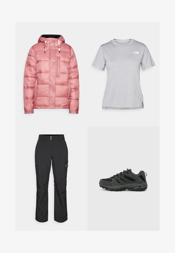 Pěnová bunda v světle růžové barvě s kapucí, zacvakávacími a zipovými uzávěry, kapsou na hrudi a stahovacími šňůrkami, s hladkou, lesklou texturou.; Šedé tričko s krátkým rukávem vyrobené z měkké, vlhkosti odvádějící tkaniny. Obsahuje kulatý výstřih a malé bílé logo na levém horním rukávu.; Černé venkovní kalhoty se střihy rovného kroje, s knoflíkovým zapínáním, zipovými bočními kapsami a logem na levém stehně.; Columbia REDMOND - Trekingové boty - black/citron haze