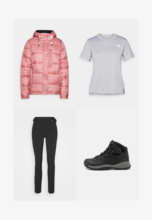 Jachetă padded de culoare roz deschis, cu glugă, închideri cu capse și fermoar, buzunar pe piept și șnururi, având o textură netedă și lucioasă.; Tricou scurt cu mânecă gri, fabricat dintr-un material moale, care absoarbe umezeala. Are un guler rotund și un mic logo alb în partea stângă sus.; Pantaloni negri, ajustați, confecționați dintr-un material flexibil. Caracteristici includ un buzunar cu fermoar pe lateral, genunchi articulați și o textură netedă.; Botă de drumeție neagră cu un design mediu, având un material texturat, accente gri și o talpă din cauciuc durabilă cu crampoane pentru aderență.
