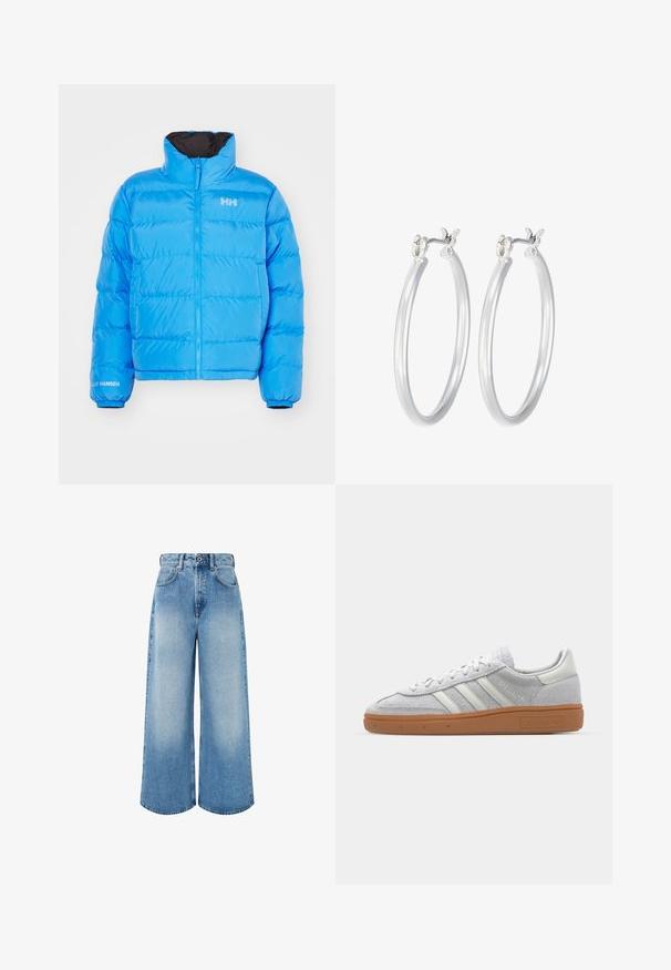 Zila pūkainā jakas ar augstu apkakli, rāvējslēdzēja aizdari un elastīgām piedurknēm. Iezīmēts ar iešūtu rakstu un balto zīmolu logotipu uz krūtīm un piedurknes.; Balts ribots garām piedurknēm krekls ar apaļu kakla izgriezumu. Izgatavots no elastīga auduma, kas pieguļ ķermenim. Iezīmējas ar smalkām horizontālām līnijām.; Gaiši zili, plata kāju džinsi, izgatavoti no denima, ar augstu jostasvietu, pogu aizdari un vieglu izlīdzināšanu ar tīrām apakšmalām.; Gai pelēki zamšīgās kedas ar baltām ādas detaļām, trim baltām līnijām un brūnu gumijas zoli, ar mīkstinātu apkakli komforta nodrošināšanai.; Sudraba riņķveida auss gredzeni ar gludu, pulētu apdari. Apaļa forma un drošs klikšķa augšējais slēgums. Viegls dizains, kas piemērots ikdienas valkāšanai.