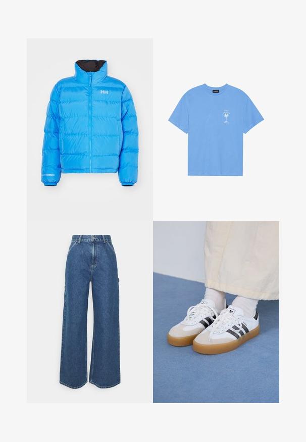 Mėlynas pūkinis švarkas su aukštu apykakle, užtrauktuku ir elastinėmis rankovėmis. Yra siuvinėtas raštas ir baltas prekės ženklas ant krūtinės ir rankovės.; Šviesiai mėlyna medvilninė marškinėliai su apvaliu iškirpimu. Kairėje krūtinės pusėje pavaizduotas baltas palmės medžio grafikas ir tekstas. Trumpomis rankovėmis.; Plačios mėlynos džinsinės kelnes su aukštu juosmeniu, kontrastingais siūlais ir šoninėmis kišenėmis, turinčios klasikinį penkių kišenių dizainą ir brutalius kraštus.; Baltos sportbačiai su noir juostomis ir šviesiai rudos zomšos akcentais. Yra tekstūruota gumos padas ir plokščiomis baltomis raištelėmis, dėvimi su šviesiai spalvotomis kojinėmis.