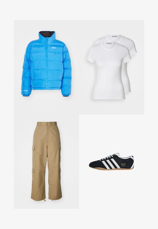 Modrá puferová bunda s vysokým golierom, zipsovým zapínaním a elastickými manžetami. Obsahuje prešívaný vzor a biele logo značky na hrudi a rukáve.; Dvoje bielych bavlnených tričiek s krátkym rukávom, okrúhlym výstrihom a priliehavým strihom, s hladkou textúrou a minimalistickým dizajnom.; béžové cargo nohavice s vysokým pásom, širokými nohavicami a štyrmi veľkými bočnými vreckami. Vyrobené z odolnej tkaniny s hladkou textúrou a minimálnymi detailmi.; Čierne semišové tenisky s bielymi tromi pruhmi, zlatým logom a hnedou gumovou podrážkou. Disponujú nízkym šnurovacím dizajnom.