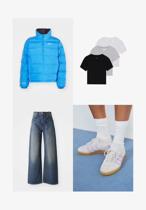 Kék puff Jacket magas gallérral, zipzárral és rugalmas mandzsettákkal. Tűzött minta és fehér logó a mellkason és az ujjon.; Három rövidujjú póló készlet fekete, szürke és fehér színben. Pamutból készült, kerek nyakú, egyszerű, egyszínű dizájnnal.; Kék, magas derekú, bőszárú farmernadrág elülső gombbal és zsebekkel, a combokon elhalványult textúrával és egyenes szegéllyel.; Világosszürke velúr edzőcipők három lila csíkkal, gumi talppal, lapos fűzőkkel és fehér bordás zoknikkal. Kék háttér előtt.