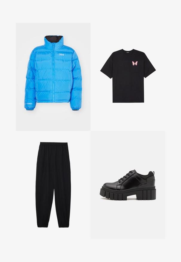 Modra pufasta jakna z visokim ovratnikom, zadrgo in elastičnimi manšetami. Ima šivano vzorčenje in bele blagovne znamke na prsih ter na rokavu.; Črna bombažna majica s kratkimi rokavi, ki ima majhen roza metuljček na levi strani prsnega dela. Majica s krožnim ovratnikom in sproščenim krojem.; Črne, lahke hlače z elastičnim pasom in nabranimi gležnji. Tkanina je gladka in ima sproščen, taperiran dizajn.; Črne usnjene platforme z debelim blokastim petam, okroglo konico in klasičnim vezanjem. Imajo gladko teksturo in minimalne podrobnosti.