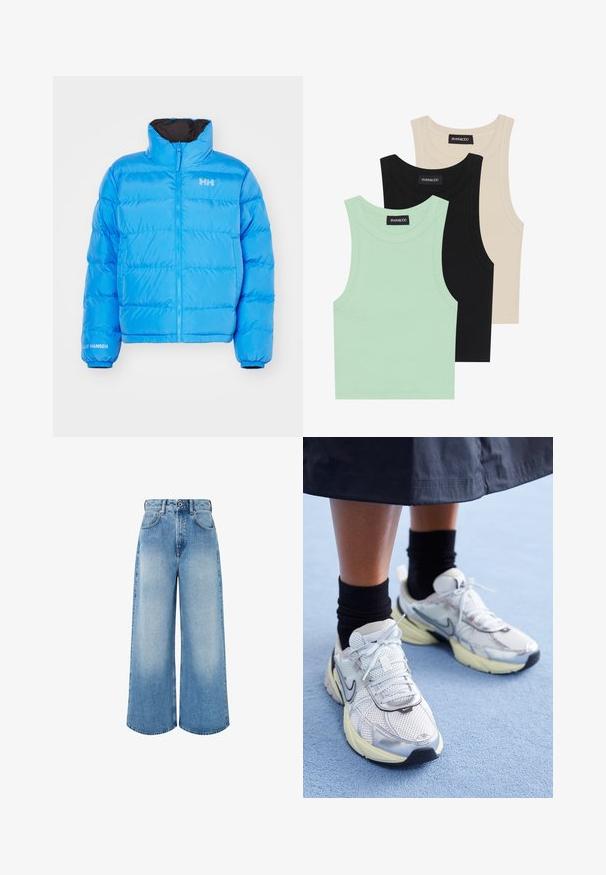 Sinine puffermantel kõrge kraega, lukuga sulgemine ja elastsed mansetid. Omab õmmeldud mustrit ning valget brändilogo rinnal ja varrukal.; Kolm t-särki mentool verdes, mustas ja beežis; ribakangast, ümmarguse kaelusega ja ilma varrukateta. Brändi silt on nähtav.; Heledad hall sinine jeanid, millel on kõrge vöökoht, nööpkinne, kerge kulumine ja puhtad äärised.; Valged ja hõbedased Nike tennisajalatsid, millel on võrgukangas, peegeldavad detailid ja beež tald. Kantud mustade sokkidega, seisab sinisel pinnal.