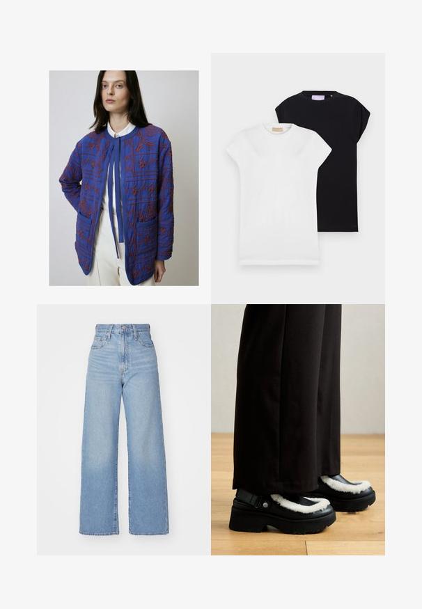 Touché Privé WITH EMBROIDERY - Tunn jacka - midnight blue; Två t-shirts med kort ärm, en vit och en svart, båda i mjuk bomullstyg, med rundad halsringning och en avslappnad passform.; Ljusblå högmidjade vida jeans med knapp- och dragkedjestängning, fram- och bakfickor, mot en vit bakgrund.; Svarta plattformsskor med vit fluffig trim, rund tå och rem med en metallknapp. Bärs med svarta byxor på ett trägolv.