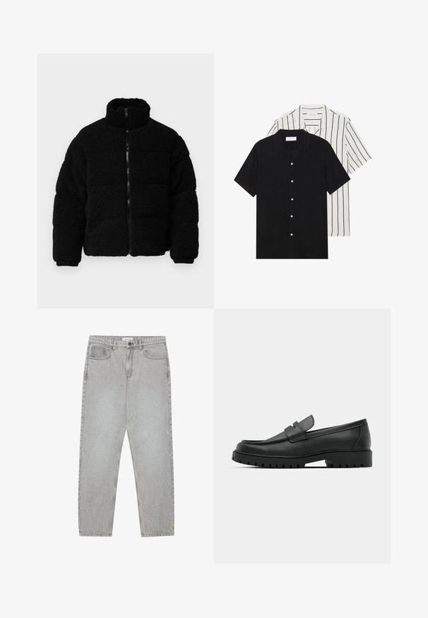 Čierna mikina na zips vyrobená z textúrovaného, nadýchaného materiálu. Má vysoký golier, polstrovaný dizajn a elastické manžety.; Dvoje tričiek s krátkym rukávom: jedno s čistou čiernou farbou, druhé biele s čiernymi vertikálnymi pruhmi. Obidve majú gombíkové zapínanie a klasický golier.; Svetlošedé denimové nohavice s rovným strihom, piatimi vreckami a zapínaním na gombík. Viditeľné švy pozdĺž švov.; Čierne kožené mokasíny s okrúhlou špičkou, s prešitým dizajnom, nízkou platformou a textúrovanou, zúbkovanou gumovou podrážkou.