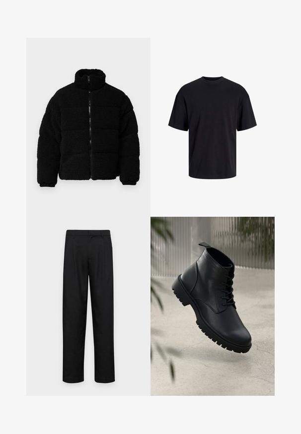 Črna zip-up bunda, izdelana iz teksturiranega, puhastega blaga. Ima visok ovratnik, oblazinjeno zasnovo in elastike na zapestjih.; Črna bombažna majica s krojačkom izrezom, kratkimi rokavi in sproščenim krojem. Gladka tekstura in brez vidnih vzorcev ali poudarkov.; Črne hlače iz gladkega materiala, s krojem ravne noge, dvema sprednjima pregiboma in standardnim pasom z zankami za pas.; Črne usnjene gležnjarje z zaobljenim nosom, s vezalkami in trdim gumijastim podplatom. Gladka tekstura z zanko na hrbtni strani.