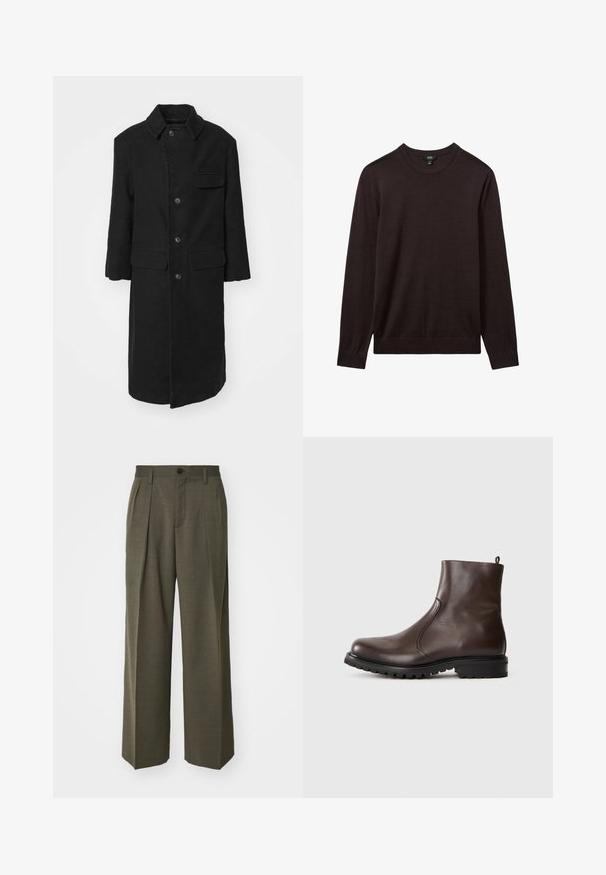 Must must coat tugevast kangast, millel on krae, esiknupid ja rinna-tasku. Lihtne, sirge lõikega disain koos küljetaskutega.; Reiss Džemper - dark bordeaux; Filippa K WIDE TROUSERS - Püksid - driftwood; Pruun nahkane sääreking, millel on sile tekstuur, elastsed külgpaneelid, tõmbetabin taga ja robustne kummitald.