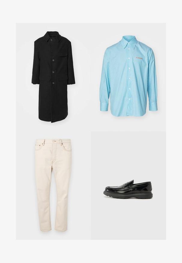Črn dolg plašč iz trdnega materiala, ki ima ovratnik, sprednje gumbe in žep na prsih. Preprost, ravno krojen dizajn z bočnimi žepi.; Svetlo modra srajca z dolgimi rokavi z ozkimi belimi črtami, ovratnik na gumbke in rdeča vezenina "BLUEMARBLE" na levi strani.; Beige kavbojke z ravnim krojem, z five žepi, kontrastnim šivom in gumbom za zapiranje na pasu.; Črne usnjene loafer čevlje z sijajno obdelavo, okroglo špico, subtilnimi šivi in debelim gumijastim podplatom za trajnost.