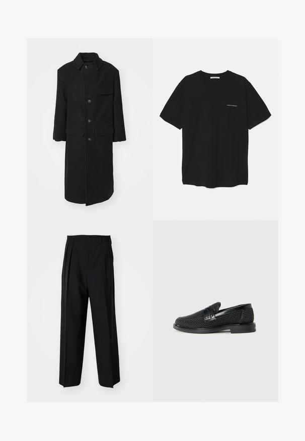 Cappotto lungo nero in un tessuto resistente, dotato di colletto, bottoni frontali e tasca sul petto. Design semplice e dritto con tasche laterali.; T-shirt in cotone nero con collo rotondo, maniche corte e stampa bianca del logo sul lato sinistro del petto. Design semplice e monocromatico.; Pantaloni neri a pieghe con un design dritto e gamba larga. Realizzati in tessuto morbido, con chiusura a bottone e passanti per cintura.; Scarpa nera a mocassino intrecciata con un accentuato in pelle liscia sulla parte superiore, design a punta rotonda e suola in gomma a profilo basso.