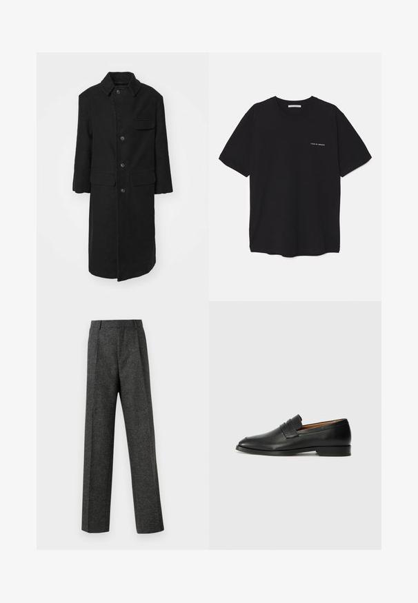 Černý dlouhý kabát z pevné látky, s límcem, předními knoflíky a náprsní kapsou. Jednoduchý, rovný střih s bočními kapsami.; Černé bavlněné tričko s kulatým výstřihem, krátkými rukávy a bílým logem potisknutým na levé straně hrudi. Jednoduchý, jednobarevný design.; Šedé kalhoty na míru vyrobené z texturované tkaniny, s dvěma předními záhyby a rovnými nohavicemi. Bez viditelných kapes nebo ozdob.; Černé kožené mokasíny s kulatou špičkou, jemným prošíváním a nízkým podpatkem, s hladkým povrchem a minimalistickým designem.