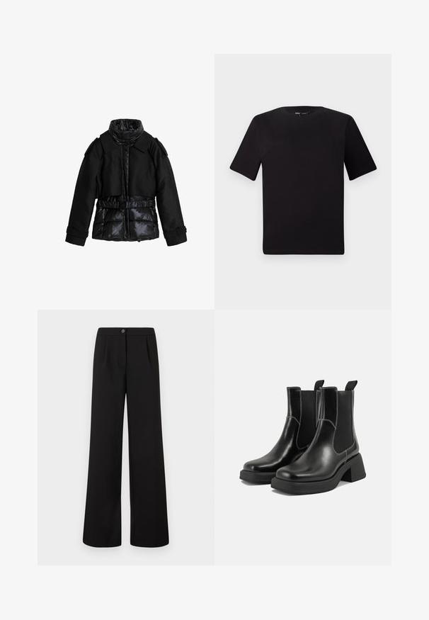 Černá bunda kombinuje polstrované části a hladkou látku. Obsahuje vysoký límec, pás v oblasti pasu a strukturovaná ramena.; Černé tričko s krátkým rukávem a kulatým výstřihem, vyrobené z měkké bavlněné látky. Jednoduchý design, žádné viditelné logo nebo vzory.; Černé kalhoty s vysokým pasem a širokými nohavicemi, s předním zapínáním na knoflík a zip, s jemnými sklady pod pasem.; Černé kožené chelsea boty s masivním podpatkem, elastickými bočními panely a kontrastním bílým prošitím. Texturovaný povrch.