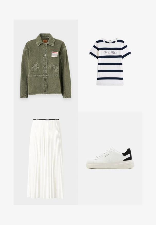 American Vintage UZATOWN - Jeansjacka - olive; T-shirt i bomull med horisontella marinblå ränder på vit bakgrund. "Tommy Hilfiger" broderat i kursiv på bröstet. Rund halsringning.; Fälld vit kjol med svart elastiskt midjeband som har "LACOSTE"-logotypen. Mittenlång design med mjuk textur.; Vita lädersneakers med en tjock vit sula, svartsuede hälaccent och präglad logotyp på sidan. Snörningsdesign med sex öglor.