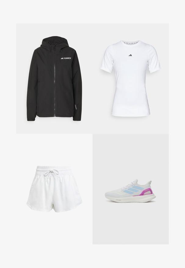 Svart Terrex-jakke med glidelås foran, mesh-fôret hette, elastiske mansjetter og logo på brystet. Lett materiale med en glatt tekstur.; Hvit idrettsskjorte med korte ermer, laget av glatt, elastisk stoff. Har en liten svart Adidas-logo på brystet.; Hvite sportsbukser med elastisk midje og justerbar snor. Laget av lett materiale, med sidelommer og løs passform.; adidas Performance PUREBOOST 5 - Løpesko for vei - white/glow blue/purple burst