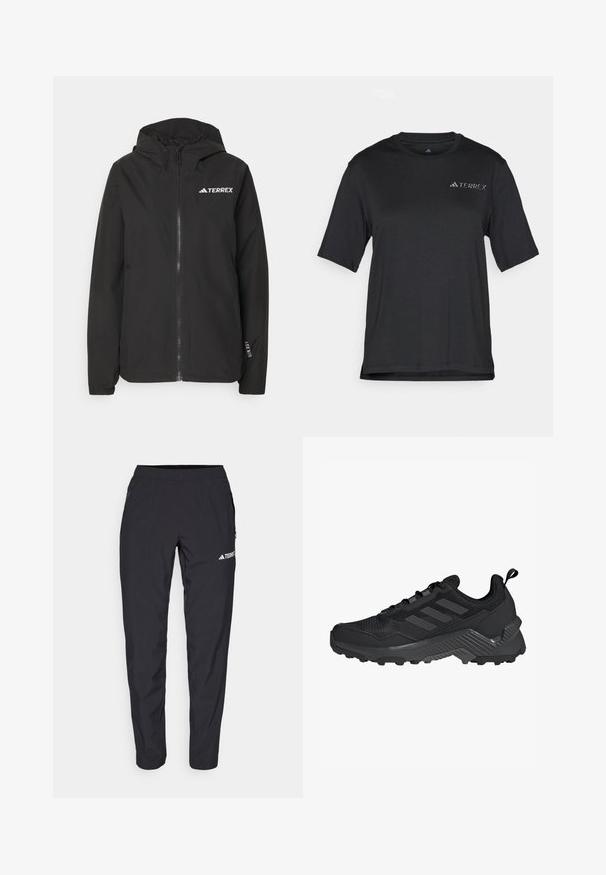 Sort Terrex jakke med lynlås foran, mesh-foring i hætten, elastiske manchetter og logo på brystet. Letvægtsstof med en glat tekstur.; Sort kortærmet T-shirt lavet af letvægtsstof. Har rund halsudskæring og et lille, hvidt "TERREX"-logo på brystet.; Sort træningsbukser lavet af let, strækbart materiale med elastisk talje og sidelommer med lynlås. Har hvidt logo på låret.; Sort atletik sko med mesh-overdel, tre-stripes design, formet hæl og robust ydersål med fremtrædende grebsnubber.