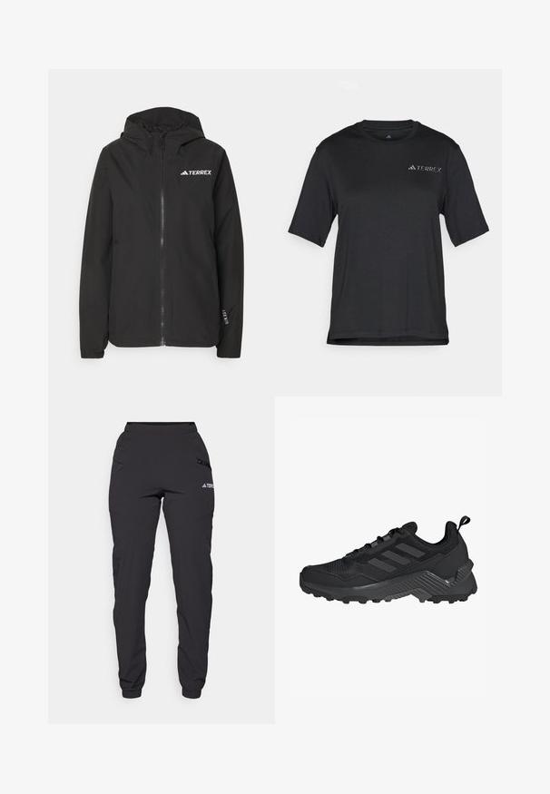 Black Terrex jacket featuring a zip front, mesh-lined hood, elastic cuffs, and logo at the chest. Lightweight fabric with a smooth texture.; Black short-sleeve T-shirt made of lightweight fabric. Features a crew neckline and a small, white "TERREX" logo on the chest.; Black waterproof pants with an elastic waistband, zippered side pockets, tapered legs, and ribbed cuffs at the ankles. Features logo accents.; Black athletic shoe featuring a mesh upper, three-stripe design, molded heel, and rugged outsole with prominent traction lugs.