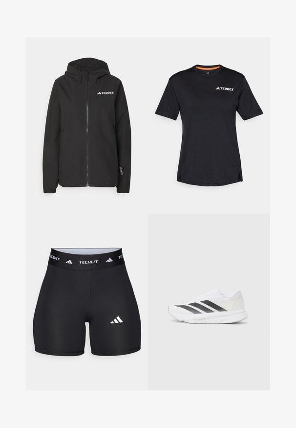 Juodas Terrex striukė su užtrauktuku, tinklelio pamušalu kapuce, elastingomis rankovėmis ir logotipu ant krūtinės. Lengvas audinys su sklandžiu paviršiumi.; Juodas trumpas rankovės marškinėliai su apvaliu kaklu, su subtiliu melange tekstūra ir baltu "TERREX" logotipu viršutiniame kairiajame kampe.; Juodi šortai, pagaminti iš tamprių medžiagų, su prigludusia forma. Yra platus juodas juosmuo, pažymėtas "TECHFIT", ir baltas logotipas ant kojos.; Baltos sportinės bateliai su juodomis įstrižainėmis, tinklinė viršutinė dalis, apvalus pirštas ir tekstūruotas padas. Priedai apima sidabrinį kulną ir minimalistinį dizainą.