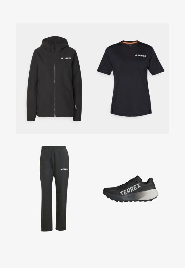 Svart Terrex-jakke med glidelås foran, mesh-fôret hette, elastiske mansjetter og logo på brystet. Lett materiale med en glatt tekstur.; Svart T-skjorte med kort erme og rund hals, med en subtil melert tekstur og hvit "TERREX" logo på øverste venstre side.; Svarte lette bukser med elastisk liv. Har en subtil "TERREX"-logo i hvitt. Glatt stoff og rett ben-design.; Svart løpesko med teksturert overdel, fremtredende "TERREX"-logo i hvitt, avsmalnet såledesign og en gradient grå aksent på hælen.