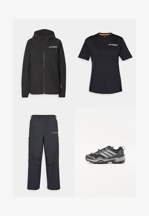 Schwarze Terrex-Jacke mit Reißverschluss, meshgefütterter Kapuze, elastischen Bündchen und Logo auf der Brust. Leichtes Material mit glatter Textur.; Schwarzes Kurzarm-T-Shirt mit Rundhalsausschnitt, das eine dezente melierte Textur aufweist und ein weißes "TERREX"-Logo auf der oberen linken Seite hat.; Schwarze, leichte Outdoor-Hosen mit elastischem Bund, Seitentaschen und einem Logo am oberen rechten Bein. Glattes, wasserabweisendes Material.; Schwarzer und grauer Wanderschuh mit strukturiertem Obermaterial, Gummisohle und drei auffälligen grauen Streifen an der Seite; verfügt über ein schnelles Schnürsystem.
