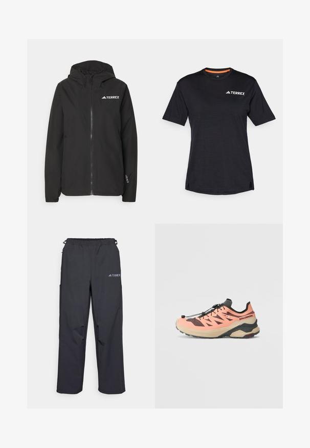 Fekete Terrex dzseki, cipzáras elülső résszel, hálós kapucnival, rugalmas mandzsettákkal és emblémával a mellrészen. Könnyű anyag, sima textúrával.; Fekete, rövid ujjú póló kerek nyakkivágással, finom melírozott textúrával, a bal felső sarokban fehér "TERREX" logóval.; Fekete, könnyű kültéri nadrág, rugalmas derékrésszel, oldalzsebekkel és logóval a jobb oldali comb felső részén. Simal, vízlepergető szövet.; Barna és fekete színű terepfutó cipő. Jellemzői közé tartozik a texturált felsőrész, amelyen átlós kivágások találhatók, egy vastag bézs talp, valamint egy fekete, gyorsfűző rendszer.