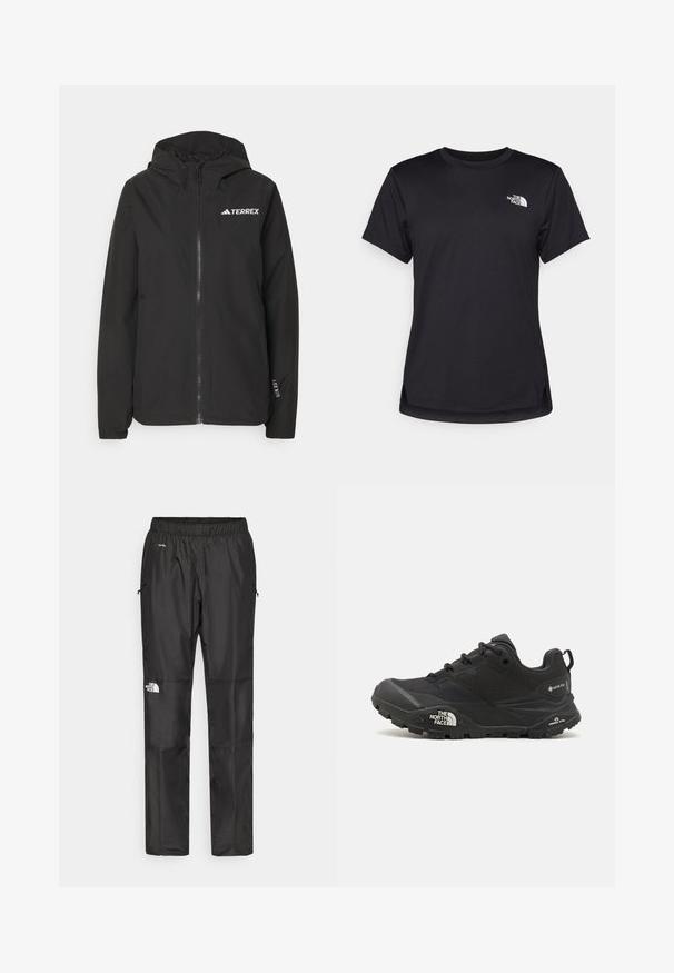 Giacca Terrex nera con zip frontale, cappuccio foderato in rete, polsini elasticizzati e logo sul petto. Tessuto leggero con una consistenza liscia.; The North Face FLEX SHORT SLEEVES TEE - T-Shirt sport - black; Pantaloni impermeabili neri realizzati in tessuto leggero, dotati di cintura elastica, tasche laterali e un logo sulla gamba sinistra.; Scarpa da trekking nera con una tomaia texturizzata, chiusura con lacci e una suola di gomma spessa che presenta un logo prominente sul lato e disegni del battistrada.
