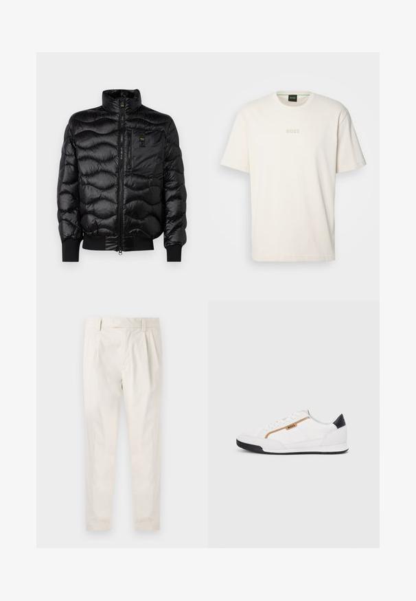 Blauer DANIEL czarny; BOSS - T-shirt basic; Białe, plisowane spodnie o dopasowanym kroju, z gładką fakturą, szlufkami na pasek i zwężanymi nogawkami. Brak widocznych kieszeni lub wzorów.; Białe buty sportowe z siateczkowymi i skórzanymi akcentami. Posiadają złote logo "BOSS", teksturowane boczne panele i czapkę pięty w kolorze czarnym. Gumowa podeszwa.