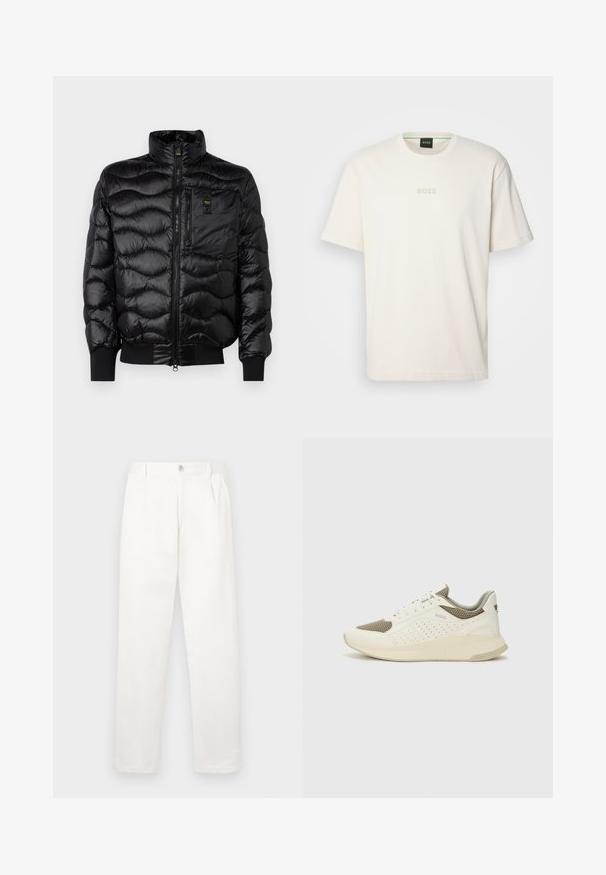 Blauer DANIEL - Tollkabát - black; BOSS TEE - Basic póló - open white; Fehér nadrág sima anyagból, egyenes lábbal, elülső pliszékkal és egy gombos záródással a derékon.; Fehér és világos bézs sportcipő, légies hálós felsőrésszel, perforált részletekkel és texturált középtalppal, amelyen a saroknál a márka logója található.