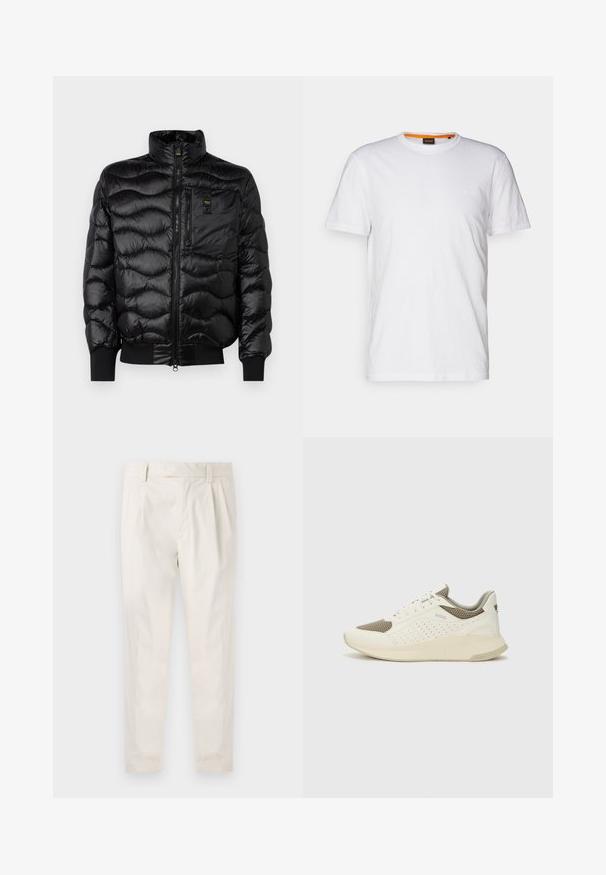 Blauer DANIEL - Doudoune - black; T-shirt en coton blanc avec un col rond, des manches courtes et un logo en relief subtil sur la poitrine. L'étiquette intérieure a une touche d'orange.; Pantalons blancs plissés avec une coupe ajustée, dotés d'une texture lisse, de passants de ceinture et de jambes fuselées. Pas de poches visibles ni de motifs.; Basket de sport blanche et beige clair, avec une tige en maille, des détails perforés et une semelle intermédiaire texturée avec un logo sur le talon.