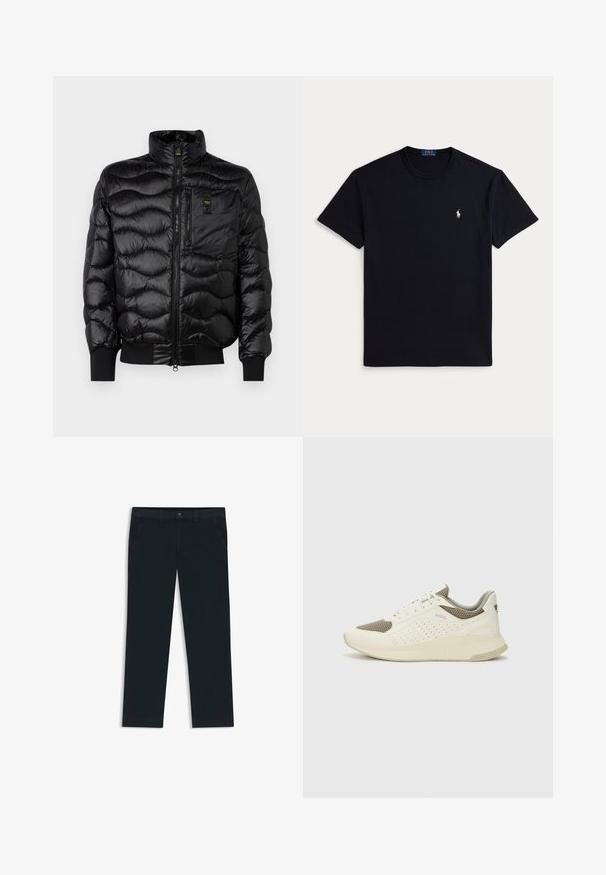 Blauer DANIEL - Piumino - black; T-shirt nera in cotone con scollo rotondo, maniche corte e piccolo logo ricamato sul petto a sinistra. Texture liscia.; Chinos di un blu navy scuro realizzati in tessuto misto cotone. Presentano passanti per cintura, tasche frontali e una chiusura con zip e bottone.; Sneaker atletica bianca e beige chiaro, con tomaia in mesh, dettagli perforati e una suola intermedia texturizzata con marchio sul tallone.