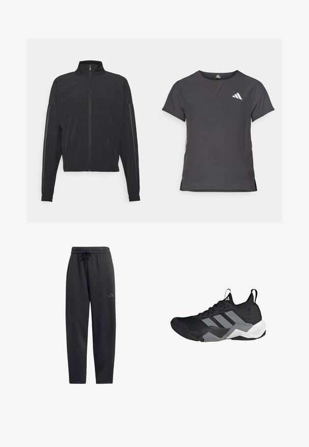 Čierna športová bunda s vysokým golierom, predným zipsom, bočnými vreckami a kontrastnými vertikálnymi pruhmi na rukávoch, vyrobená z ľahkej textílie.; Tričko s krátkym rukávom pre šport, tmavosivé s perforovanou textúrou. Obsahuje biele logo a kontrastné bočné pruhy. Okrúhly výstrih.; Čierne tepláky vyrobené z mäkkej látky, s elastickým pásom na sťahovanie, rovnými nohavicami a diskrétnym logom na stehne.; Čierna športová obuv s priedušným sieťovaným zvrškom, šedými akcentmi, textúrovanou podrážkou a tromi výraznými pruhmi po boku.