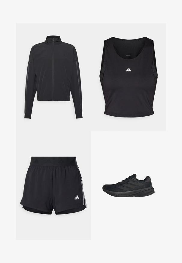 Black athletic jacket with a stand-up collar, front zipper, side pockets, and contrasting vertical stripes on sleeves, made from lightweight fabric.; Black sports crop top made from moisture-wicking fabric, featuring a round neck, sleeveless design, and white logo on the chest.; Black athletic shorts with an elastic waistband, featuring a textured band, side stripes, and a white Adidas logo on the lower hem.; Black athletic shoes with a mesh upper, streamlined shape, flat sole, and three diagonal stripes on the side. Lightweight design for comfort.