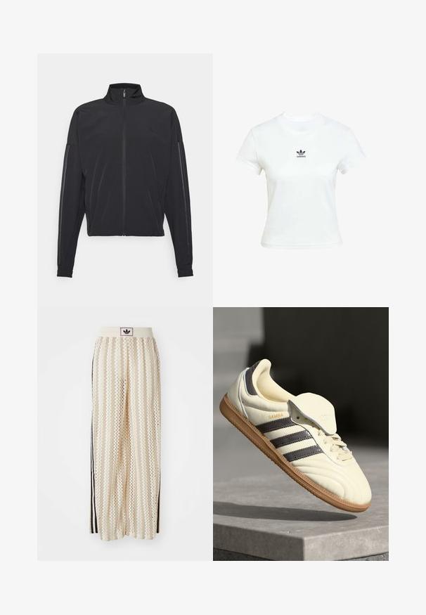 Czarna sportowa kurtka z stójką, z zapięciem na zamek z przodu, bocznymi kieszeniami oraz kontrastowymi pionowymi paskami na rękawach, wykonana z lekkiego materiału.; Biała bawełniana koszulka z krótkim rękawem i okrągłym dekoltem. Posiada czarne logo Adidas nadrukowane na piersi. Prosty, minimalistyczny design.; Kremowe szerokie spodnie w stylu palazzo z wzorem w zygzak, z czarnym paskiem z logo oraz bocznymi czarnymi paskami. Lekki, teksturowany materiał.; Kremowe skórzane trampki z trzema ciemnymi paskami, brązową gumową podeszwą i zaokrąglonym noskiem. Posiadają składany język z napisem "SAMBA".