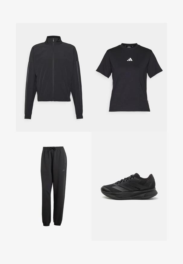 Crna atletska jakna s uspravnim ovratnikom, prednjim zatvaračem, bočnim džepovima i kontrastnim vertikalnim prugama na rukavima, izrađena od laganog materijala.; Crna kratka majica s kratkim rukavima izrađena od mekog materijala. Ima bijeli Adidas logo i suprotstavljene bijele pruge duž strana.; Crne trenirke s vezicom u struku, elastičnim manžetama, bočnim džepovima i suptilnim logom, izrađene od mekog materijala s glatkom teksturom.; Crne trkaće tenisice s prozračnom mrežastom gornjom konstrukcijom, zaobljenim prstima, elegantnim dizajnom, teksturiranim detaljima i mekanim potplatom za udobnost.