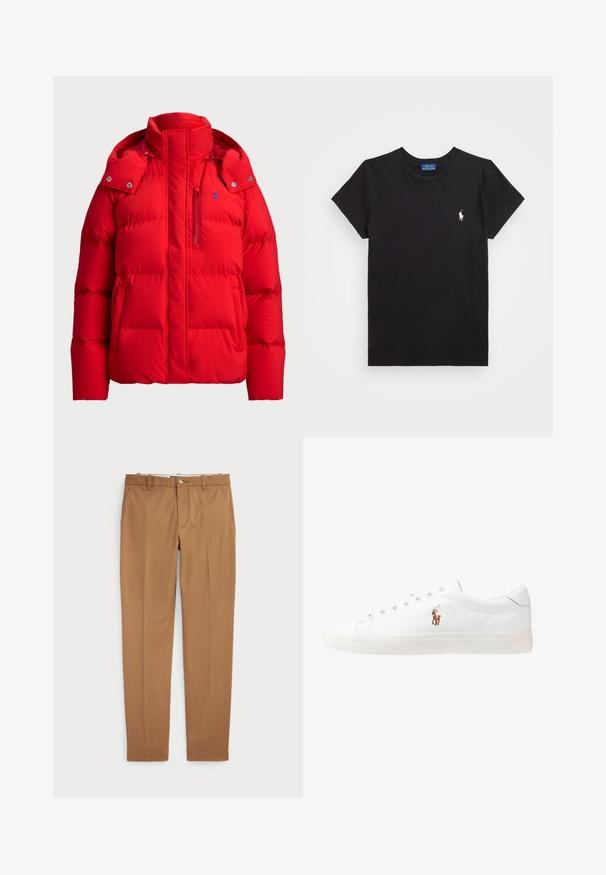 Czerwona kurtka puchowa z wysokim kołnierzem, kieszenią na zamek, zatrzaskami i akcentem w postaci logo; pikowana faktura dla lepszej izolacji.; Czarna bawełniana koszulka z okrągłym dekoltem, krótki rękaw i białym haftowanym logo na lewej piersi. Gładka faktura, casualowy design.; Brązowe bawełniane spodnie w fasonie slim-fit, z płaskim przodem i standardowymi kieszeniami; gładka tekstura i podwinięte mankiety.; Białe skórzane sneakersy, niskoprofilowy design, charakteryzujące się gładką fakturą, okrągłym noskiem, sznurowanym przodem i małym haftowanym logo z boku.