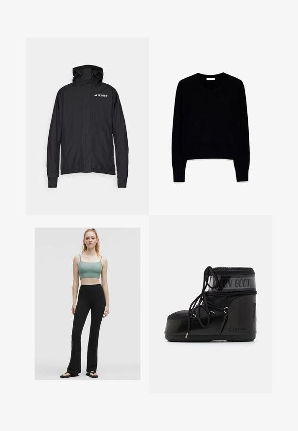 Black Terrex jacket with a zip front, adjustable hood, and elastic cuffs. Features a smooth, lightweight fabric with a logo on the chest.; Black sweater in soft fabric, featuring a round neckline and long sleeves. The design is cropped with ribbed cuffs and hem.; Green ribbed crop top with thin straps paired with high-waisted black flared leggings and black flip-flops on a neutral background.; Black moon boots with a glossy finish, rounded toe, padded upper, and textured sole. Features laces and embossed branding on the side.