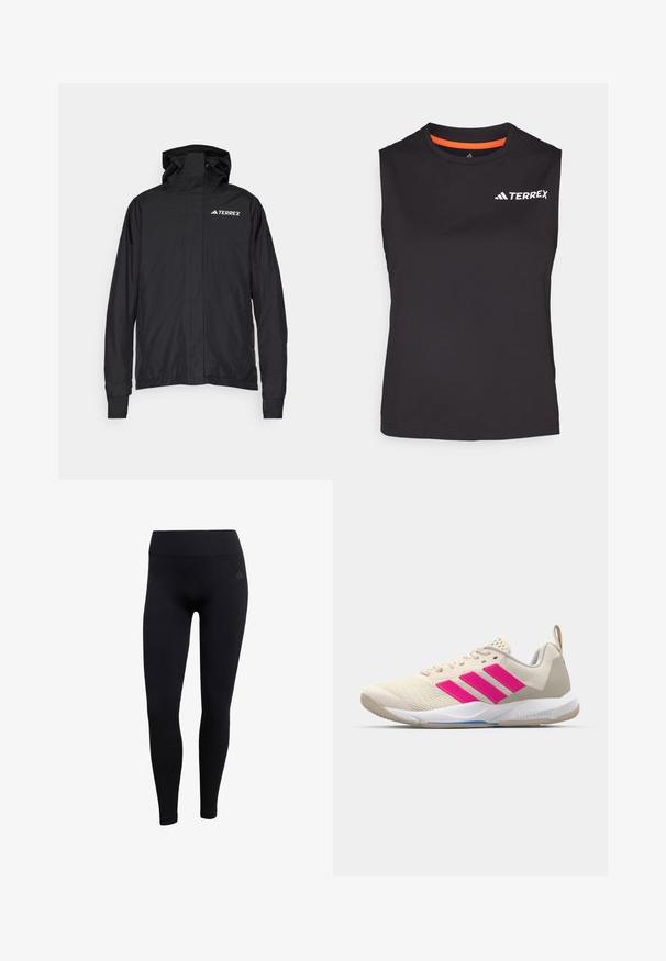 Sort Terrex jakke med lynlås foran, justerbar hætte og elastiske håndled. Har et glat, letvægtsstof med et logo på brystet.; Ärmløs sort træningsshirt lavet af fugttransporterende stof. Har orange detaljer på kraven og "TERREX" logoet trykt i hvid.; Sorte atletiske leggings lavet af strækbart stof, med høj talje, tætsiddende design og ribbede ankelmanchetter. Diskret brandlogo.; Beige sportsko med pink tre-stribede logo, tekstureret mesh overdel, polstret krave og hvid gummisål, med "LIGHTSTRIKE" branding.