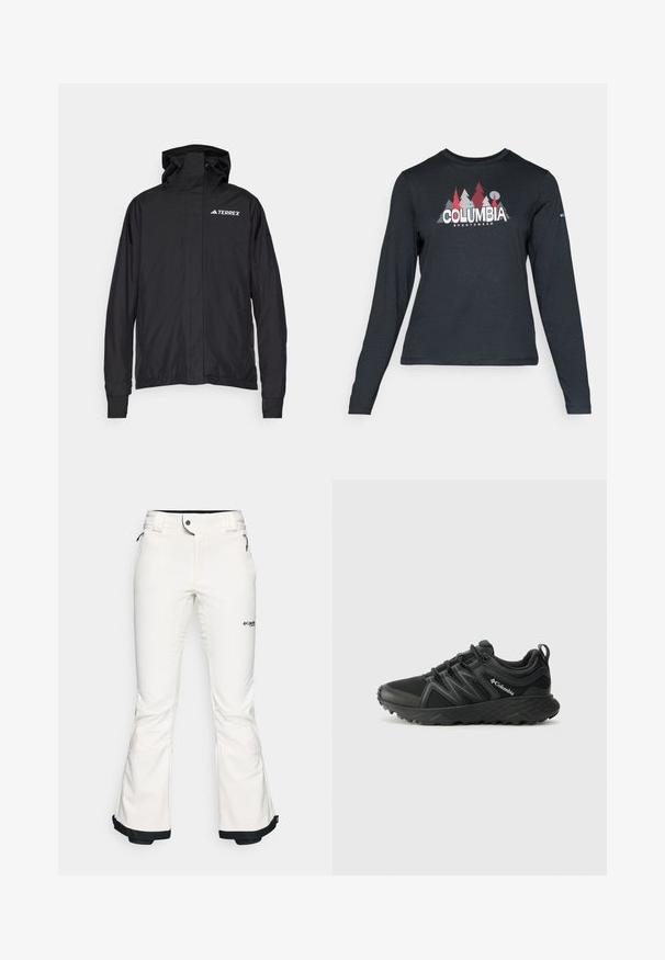 Black Terrex jacket with a zip front, adjustable hood, and elastic cuffs. Features a smooth, lightweight fabric with a logo on the chest.; Long-sleeve dark gray shirt with a graphic of red trees and mountains; "COLUMBIA" logo in bold white text. Soft fabric, standard crew neck.; White ski pants made from soft, flexible material. Features a fitted waist, wide flared legs, and black trim at the cuffs. Brand logo visible.; Columbia PEAKFREAK - Hiking shoes - black