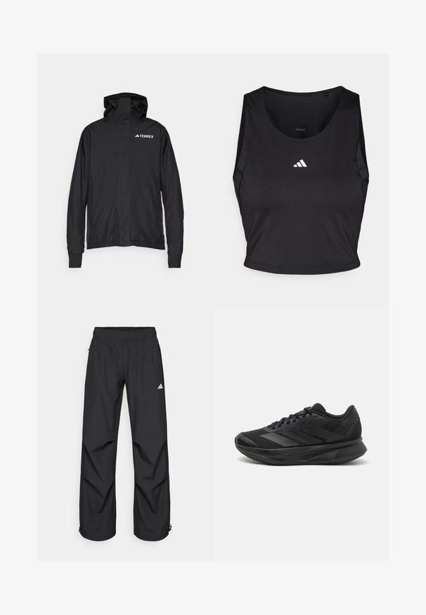 Black Terrex jacket with a zip front, adjustable hood, and elastic cuffs. Features a smooth, lightweight fabric with a logo on the chest.; Black sports crop top made from moisture-wicking fabric, featuring a round neck, sleeveless design, and white logo on the chest.; Black, lightweight, waterproof pants with an elastic waistband, side pockets, and adjustable cuffs. Features a white logo on the left thigh.; Black running shoe with a breathable mesh upper, rounded toe, sleek design, textured accents, and a cushioned sole for comfort.