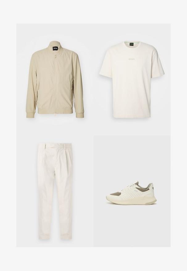 Beige bomber jacket with a zip front, stand collar, and side pockets. Made from a smooth, lightweight fabric with elastic cuffs and hem.; BOSS TEE - Basic T-shirt - open white; White, pleated trousers with a tailored fit, featuring a smooth texture, belt loops, and tapered legs. No visible pockets or patterns.; White and light beige athletic sneaker, featuring a mesh upper, perforated detailing, and a textured midsole with branding on the heel.
