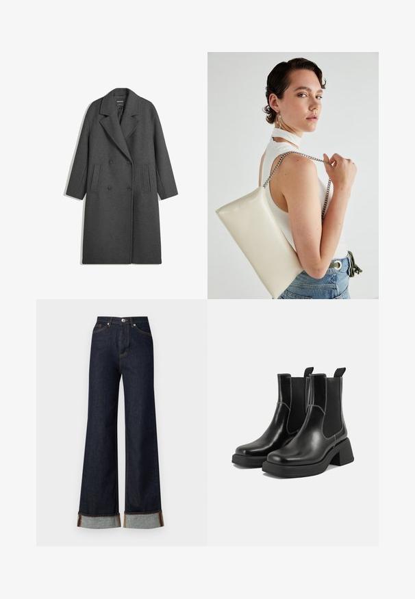 Dunkelgrauer, langer Woll-Mantel mit doppelter Knopfleiste, breiten Revers und zwei Seitentaschen, flach auf weißem Hintergrund präsentiert.; Schwarzer, gerippter, langärmliger, taillierter Pullover mit Rundhalskragen, vor einem schlichten, hellen Hintergrund präsentiert.; Vero Moda VMTESSA WIDE FOLD UP - Wide Leg - dark blue denim; Schwarze Leder Chelsea-Stiefel mit einem klobigen Absatz, elastischen seitlichen Einsätzen und kontrastierendem weißen Nähten. Strukturierte Oberfläche.; Weiße rechteckige Clutch aus glänzendem Material mit einem silbernen Kettenriemen. Das Model posiert und präsentiert die Tasche vor einem schlichten Hintergrund.