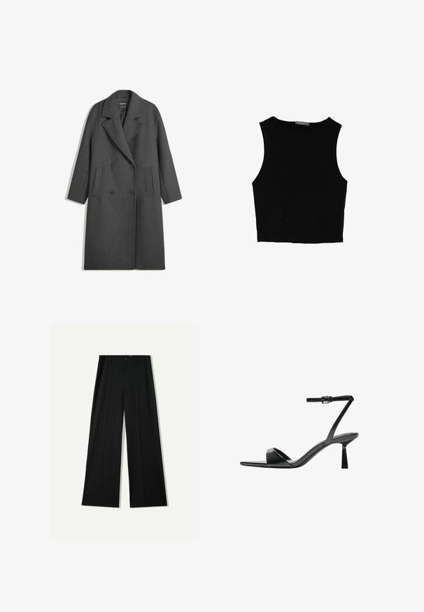 Cappotto lungo doppio petto in lana grigia scura con ampi risvolti e due tasche laterali, esposto piatto su sfondo bianco.; Top corto senza maniche nero realizzato in tessuto liscio, con scollatura rotonda e un design pulito e semplice, privo di pattern o accessori.; Bershka WIDE - Pantaloni - black; Bershka Sandali con tacco - black