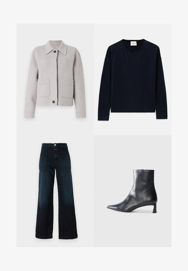 Veste en mélange de laine gris clair avec un col, fermeture à boutons sur le devant et deux grandes poches plaquées. Texture douce avec des détails de couture soignés.; Haut à manches longues en coton bleu marine avec encolure ras du cou, en tissu doux et lisse, offrant une coupe décontractée. Il dispose de poignets et d'un ourlet côtelés, ainsi que d'une étiquette au niveau du cou.; Jeans en denim bleu foncé à jambes larges, avec une taille haute, des poches avant et une fermeture à bouton à l'avant. Texture lisse avec un léger délavage.; Bottine en cuir noir avec un bout pointu et un design épuré. Présente un petit talon et une fermeture éclair à l'arrière. Texture lisse.