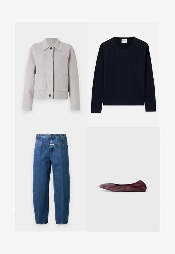 Casaco de mistura de lã cinza claro com colarinho, fecho frontal por botões e dois grandes bolsos de chapa. Textura suave com detalhes de costura bem acabados.; Camisola de gola redonda de manga longa em azul-marinho, feita de um tecido suave e liso, com um corte descontraído. Apresenta punhos e bainha canelados, etiqueta na gola.; Jeans de ganga em azul escuro, com um corte descontraído, design de cinco bolsos, costuras cosidas e fecho de botão na cintura.; Sapatilha em pele burdeos escura, com bico redondo, borda elástica e textura suave com detalhe de pregas subtil.