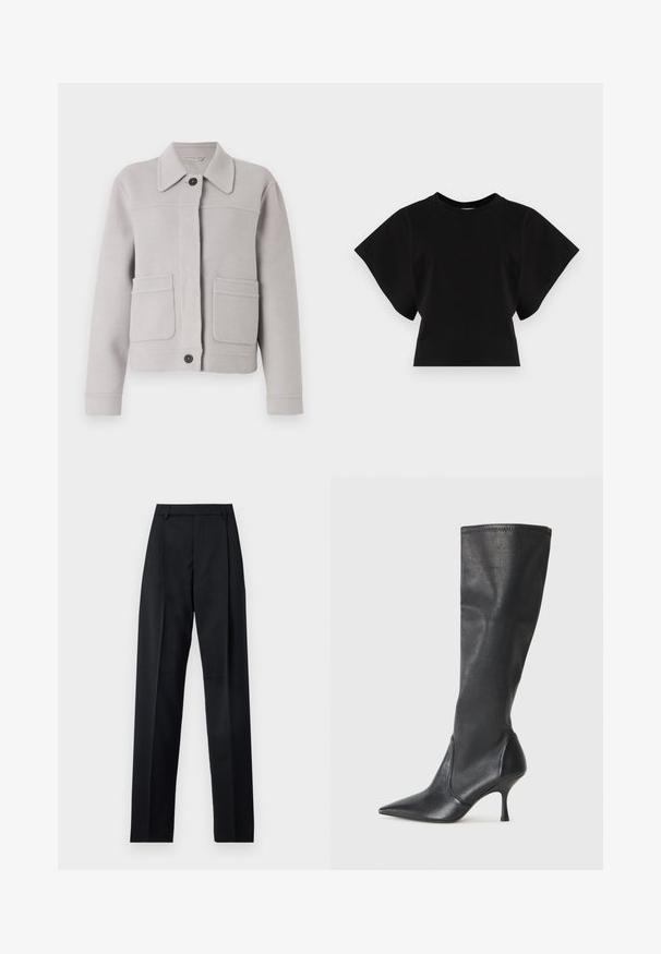 Jasnoszara kurtka z wełny z kołnierzem, z przodem zapinanym na guziki oraz dwiema dużymi kieszeniami naszytymi. Miękka tekstura z estetycznymi detalami w szyciu.; Czarny krótki t-shirt wykonany z bawełny, z krótkimi, szerokimi rękawami i okrągłym dekoltem, o gładkiej fakturze i minimalistycznym wzornictwie.; Czarne spodnie wykonane z gładkiego materiału, z wysokim stanem, szerokimi nogawkami, fałdami z przodu i klasycznymi szlufkami na pasek. Brak widocznych kieszeni bocznych.; Czarne skórzane botki do kolan z ostrym noskiem i wąskim obcasem w szpilkę. Gładka tekstura z dopasowanym krojem i przeszyciem na górnej krawędzi.